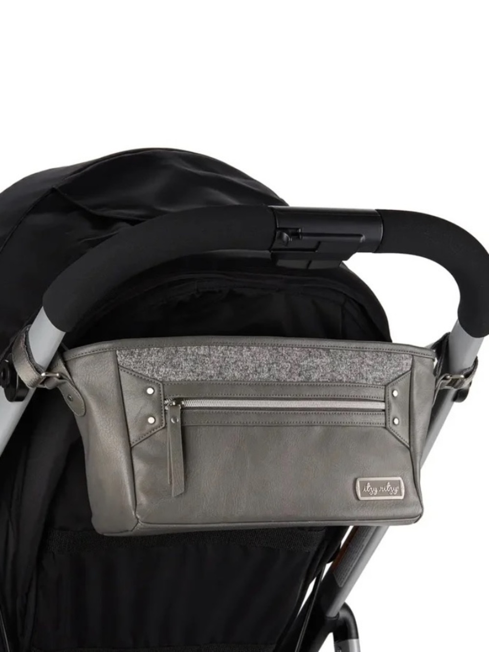 Itzy Ritzy Grayson Stroller Caddy Organizer Gray Faux Leather Felt Diaper Bag
